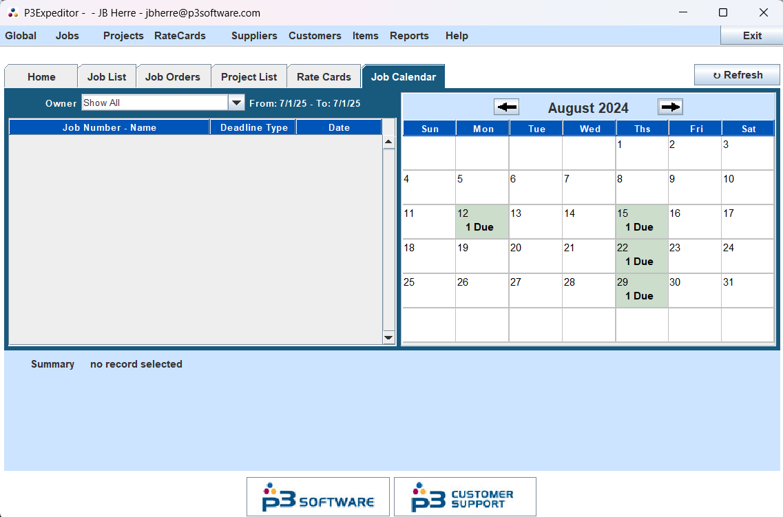 Main Application Window, with the "Job Calendar" window showing