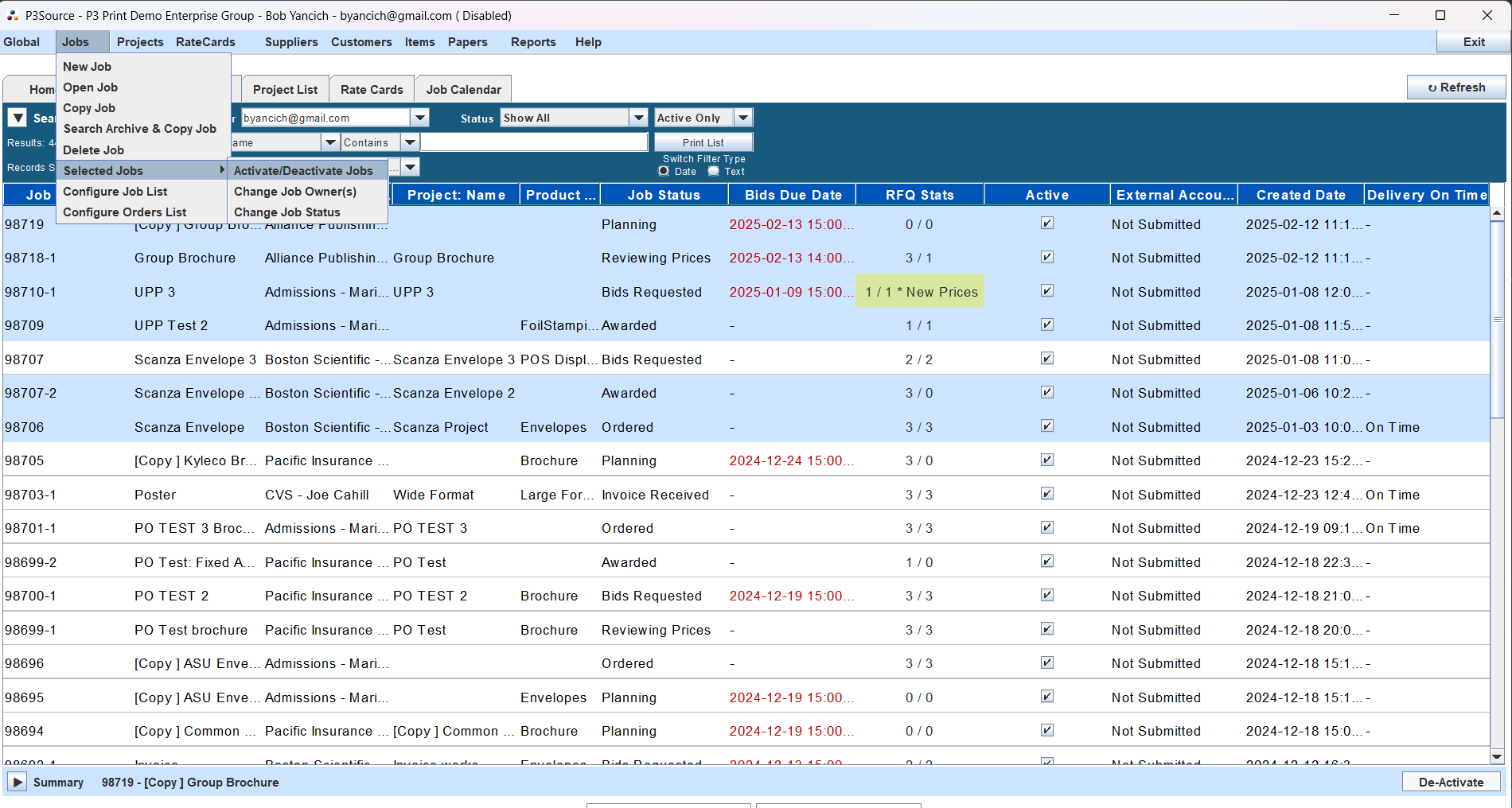 Job List Selected Jobs