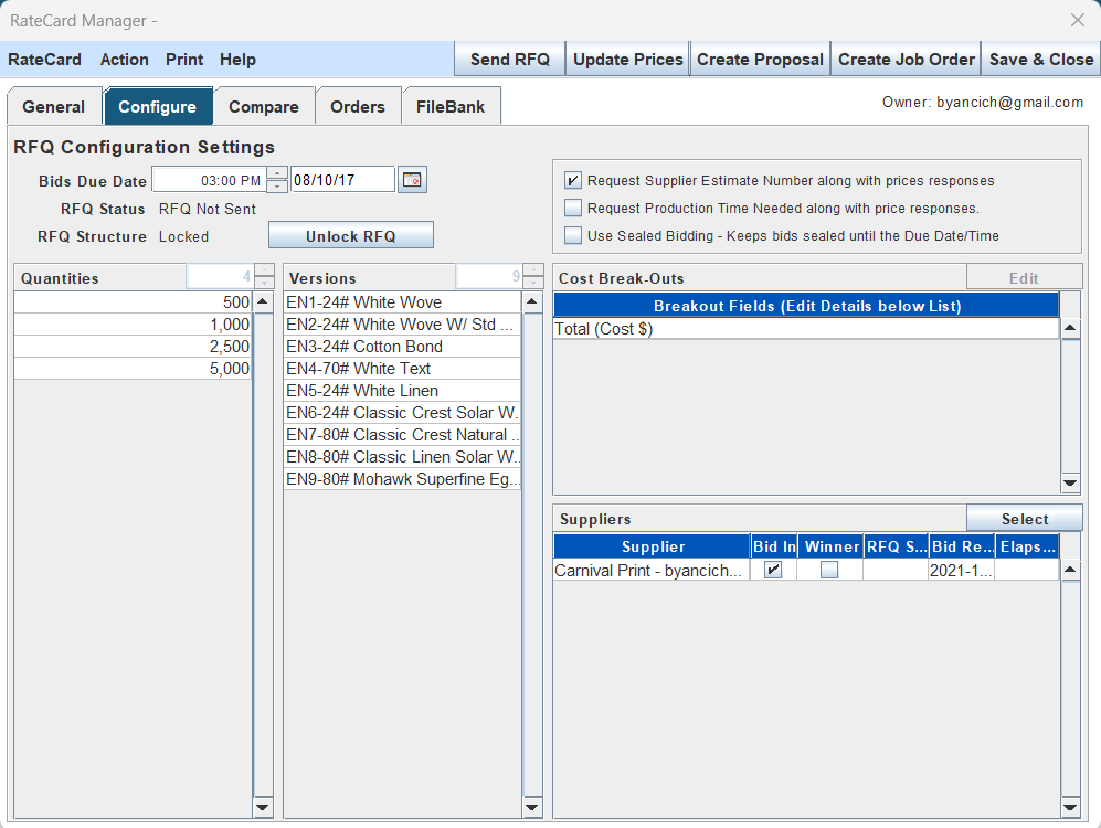 Rate Cards Configure