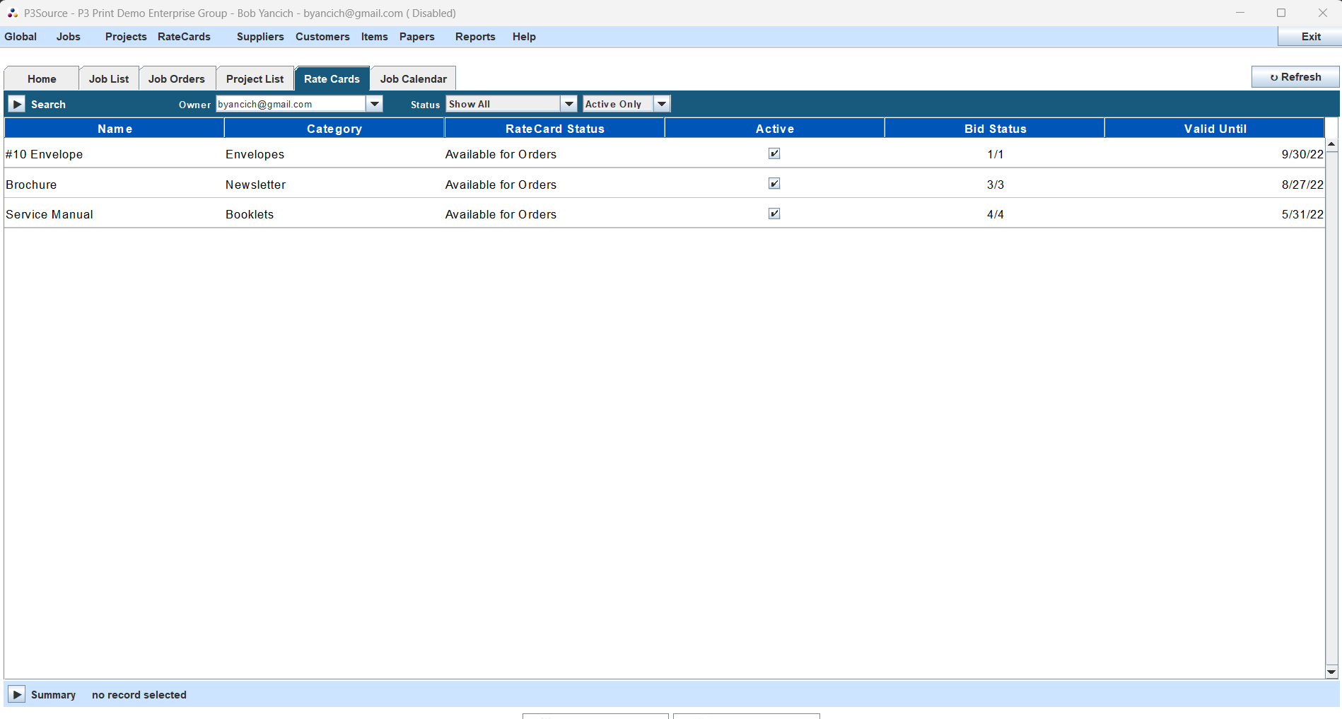 Rate Cards List Overview
